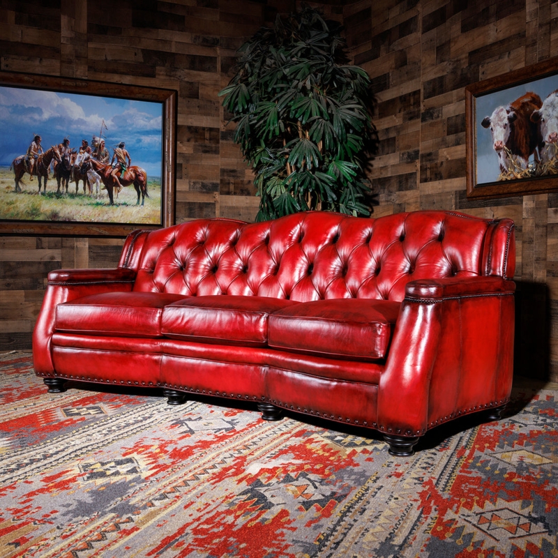 Toro Leather Sofa with Deep Button Tufting, Rustic Style