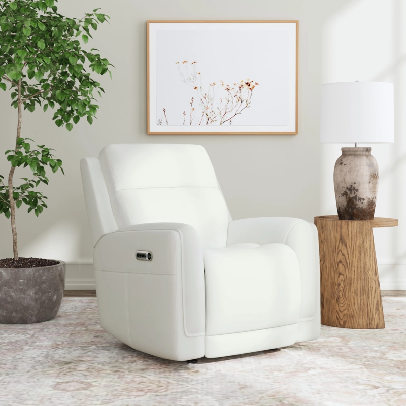 Track Arm Power Recliner with Split Back Design, White Leather Like