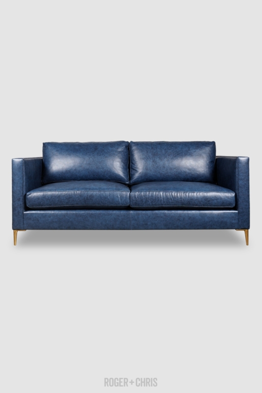Track Arm Sofa, Navy Leather-Like, Gold Tapered Legs, Mottled Finish