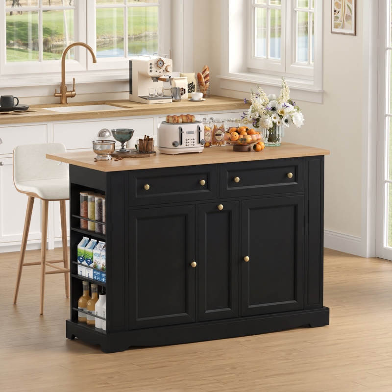 Traditional Black Kitchen Island with Gold Hardware and Side Shelves
