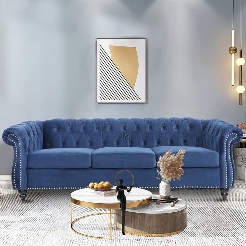 Traditional Blue Sofa with Rolled Arms and Front Casters
