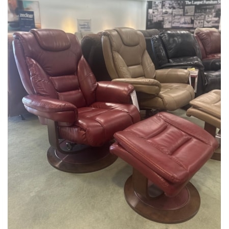 Traditional Burgundy Recliner and Ottoman Set on Circular Wood Base
