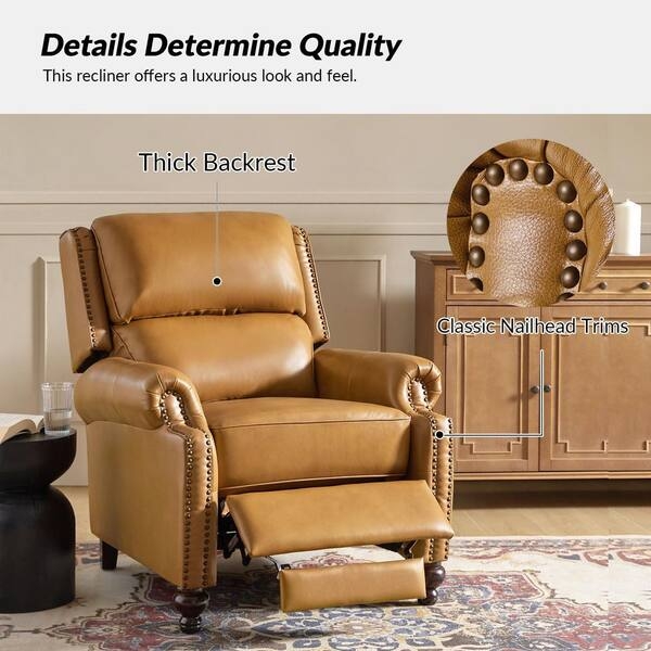 Traditional Cigar Recliner, Camel, Nailhead Trim, Thick Backrest