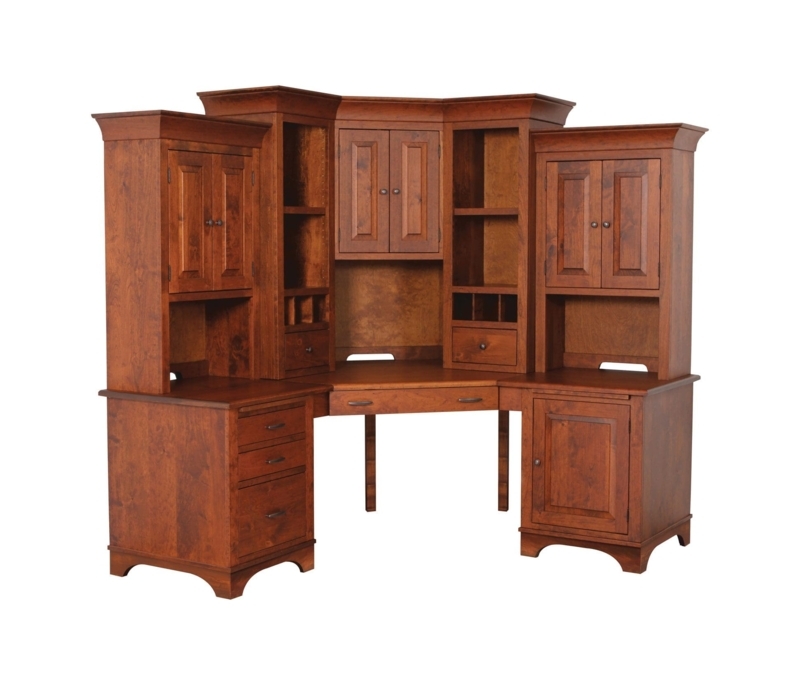 Traditional Corner Desk Hutch, Rich Reddish-Brown Wood Finish