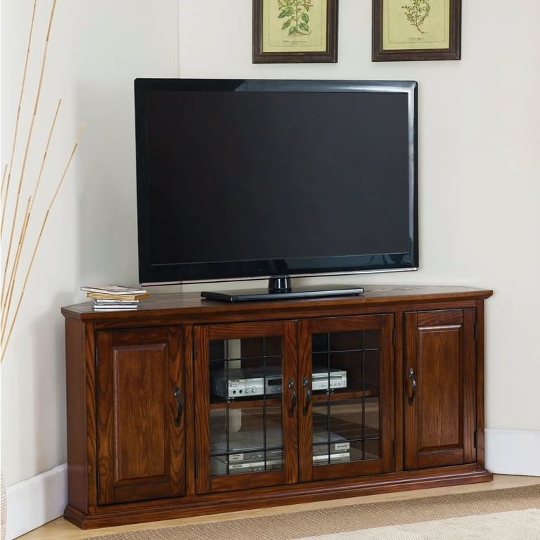 Traditional Corner TV Stand with Burnished Finish and Leaded Glass Doors