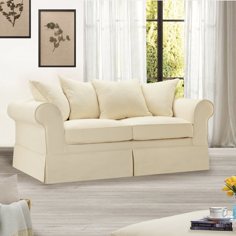 Traditional Cream Slipcover Loveseat with Rolled Arms and Loose Back