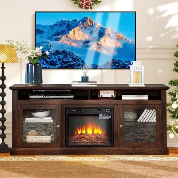 Traditional Dark Brown Fireplace TV Stand with Textured Glass Doors