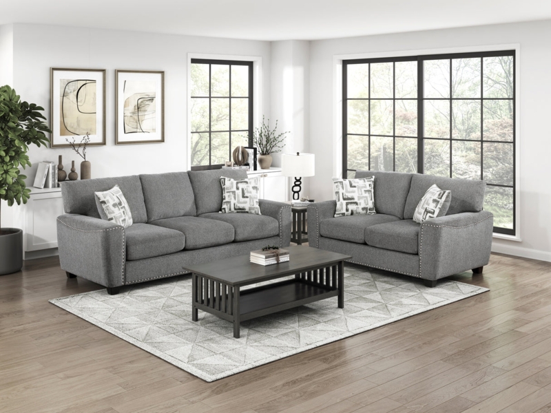Traditional Dark Gray Sofa Set with Silver Nailhead Trim