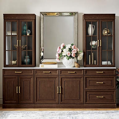 Traditional Dark Wood Sideboard Buffet with Mullion Glass Doors