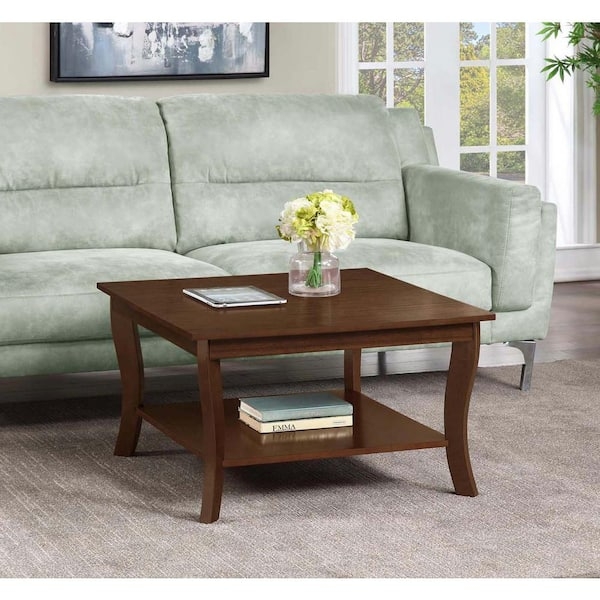 Traditional Espresso Coffee Table Square Two Tier Shelf Curved Legs
