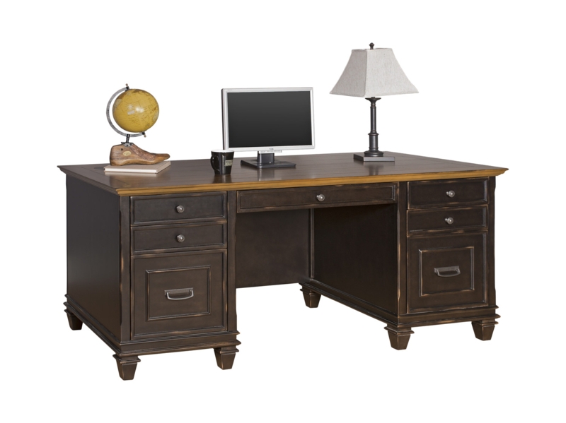 Traditional Farmhouse Executive Desk with Distressed Black Bun Feet