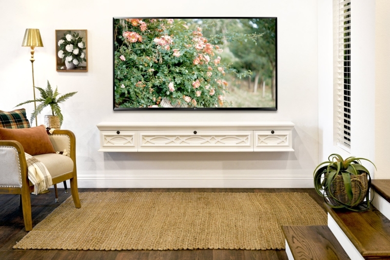 Traditional Floating TV Stand with Handcrafted Carved Panels