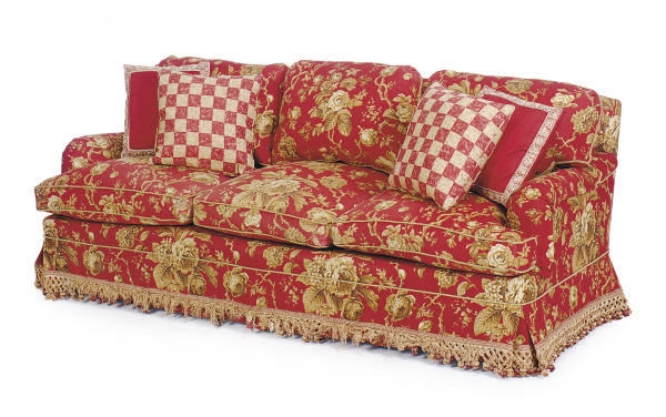 Traditional Fringed Couch with Bullion Fringe and Checkered Pillows