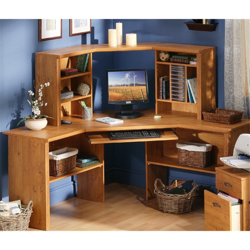Traditional L-Shaped Corner Desk Hutch, Multi-Tier Open Shelving