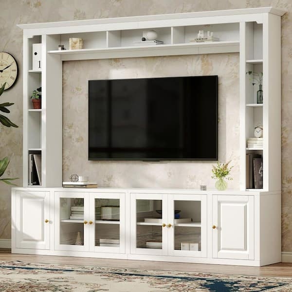 Traditional Large Wall Unit Entertainment Center White with Glass Doors