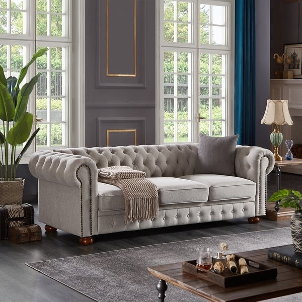 Traditional Linen Sofa with Deep Tufting, Rolled Arms, and Bun Feet