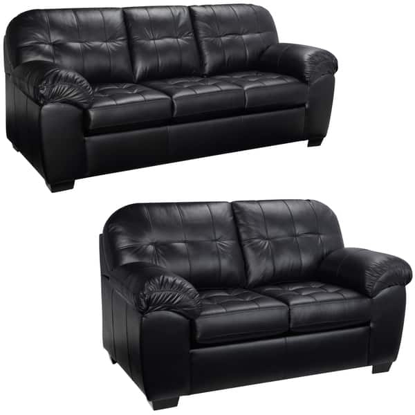 Traditional Living Room Set, Leather-Like Finish, Pillow-Top Arms, Tufted.