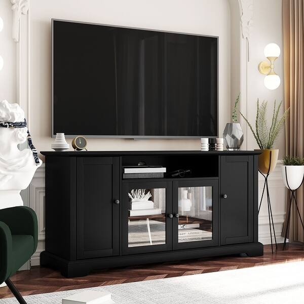 Traditional Matte Black TV Stand with Glass Doors and Shaker Panels