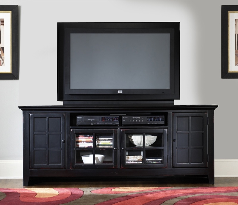Traditional Media Console in Rubbed Black with Window Pane Details.