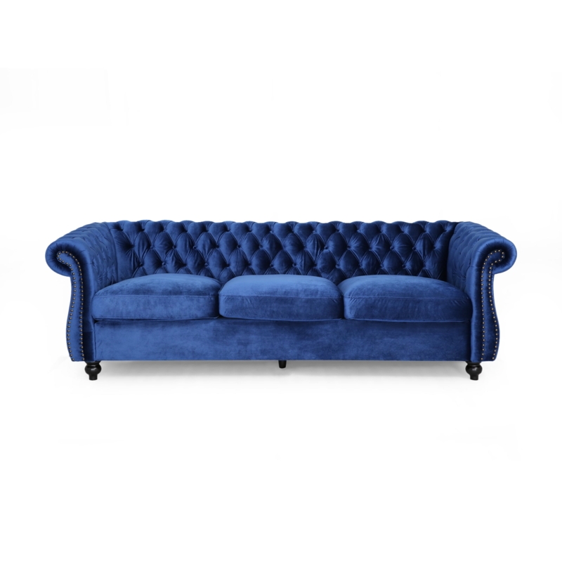 Traditional Navy Blue Velvet Sofa, Diamond Tufting, Bun Feet