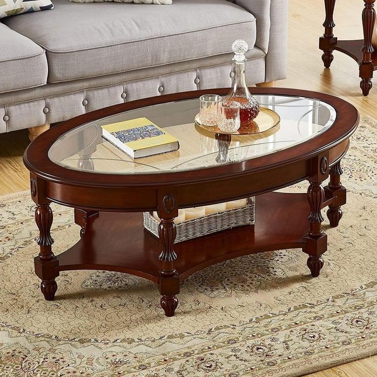 Traditional Oval Glass Coffee Table Dark Wood Turned Legs