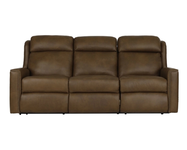 Traditional Power Reclining Sofa Brown Leather-Like Nailhead Trim