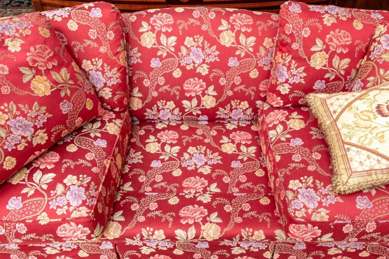 Traditional Rose Print Couch with Piped Edge Detail and Fringe Trim