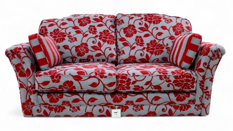 Traditional Sofa in Grey & Cranberry Floral with Striped Pillows