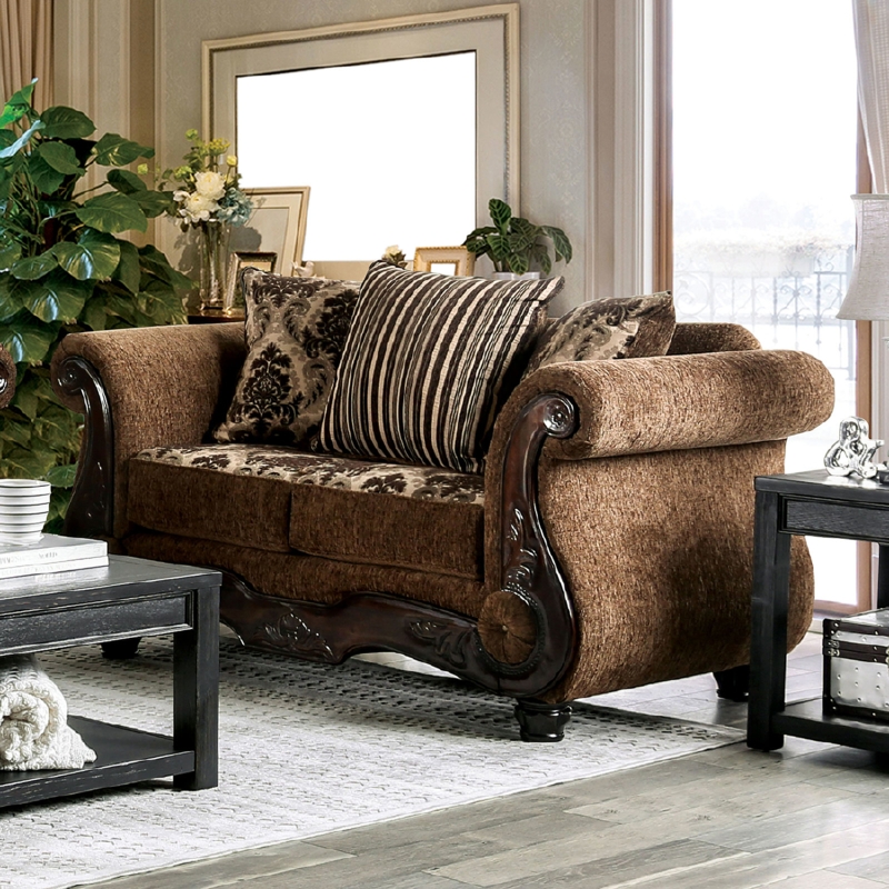 Traditional Sofa with Ornate Scrolling Wood Trim and Damask Pattern