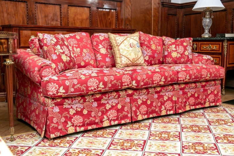 Traditional Sofa with Skirted Base in Red Floral Paisley Print