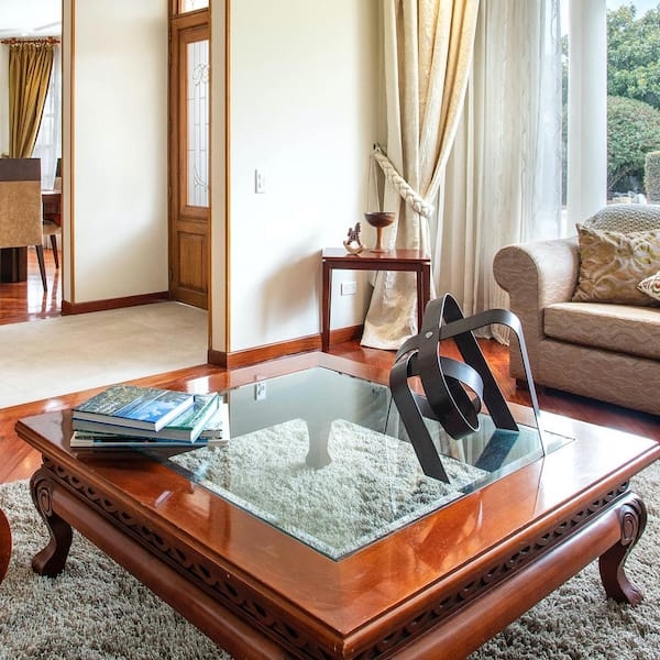 Traditional Square Wood Coffee Table with Glass Insert and Carved Apron