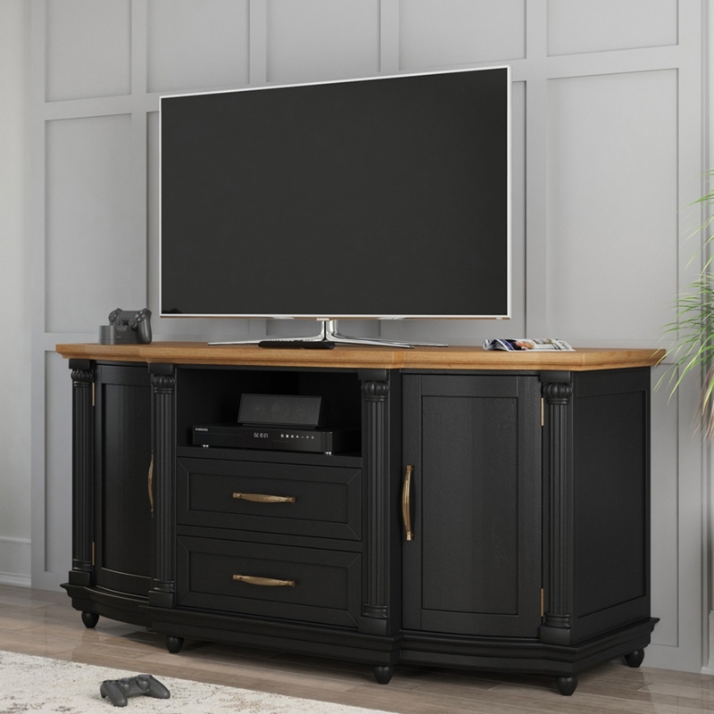 Traditional TV Stand Fluted Pilasters Two-Tone Finish Brass Hardware
