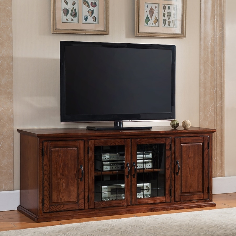 Traditional TV Stand with Leaded Glass Doors and Burnished Finish
