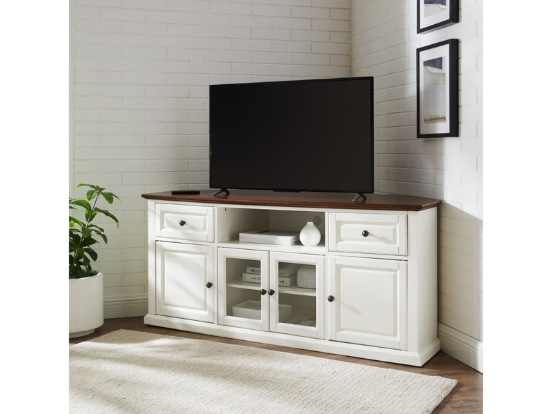 Traditional Two-Tone Corner TV Stand in Cream and Dark Wood Finish
