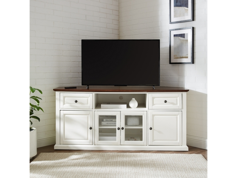Traditional White Corner TV Stand with Two-Tone Top and Paneled Doors