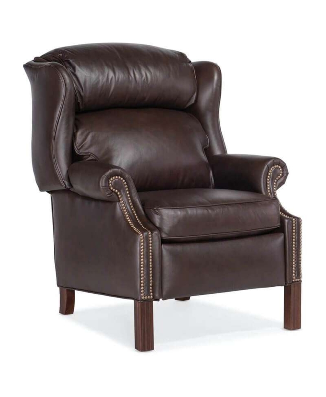 Traditional Wingback Recliner, Dark Brown Leather-Like, Brass Nailhead Trim