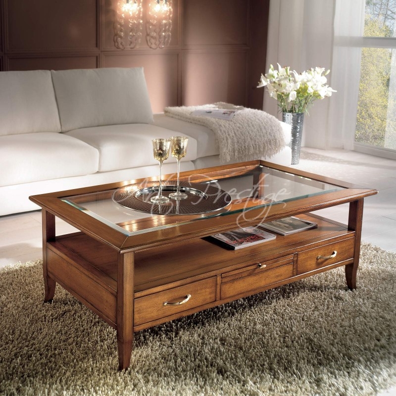 Traditional Wood Coffee Table with Glass Top and Storage Drawers