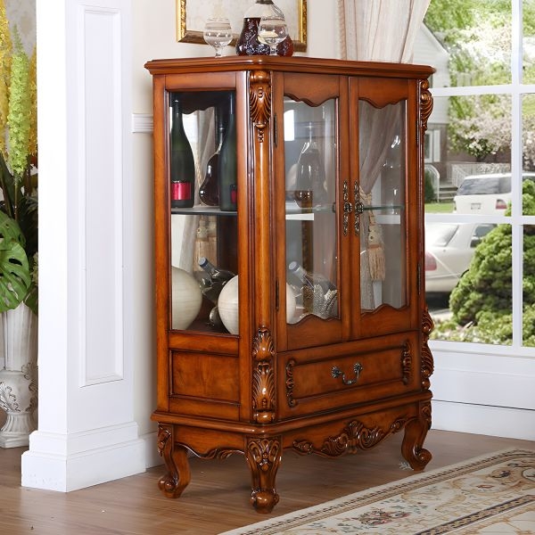 Traditional Wood Curio Cabinet with Arch-Topped Doors and Carvings