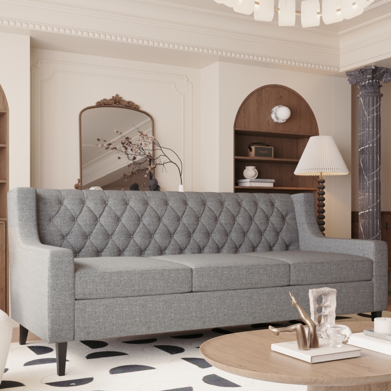 Transitional 3 Seater Couch featuring Wingback Sides and Diamond Tufting