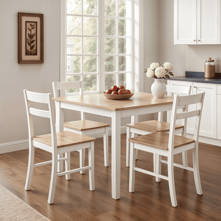 Transitional 5-Piece Dining Set, Two-Tone White and Wood Ladder Back