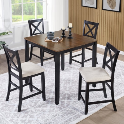 Transitional 5 Piece Dining Set: Two-Tone X-Back Counter Height Chairs