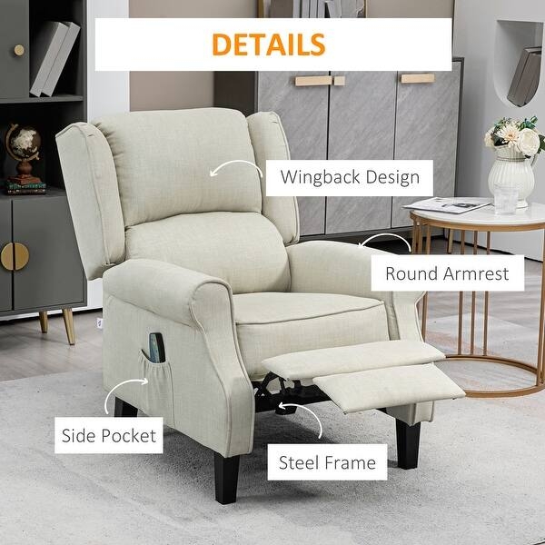 Transitional Beige Wingback Recliner with Round Armrests and Pocket