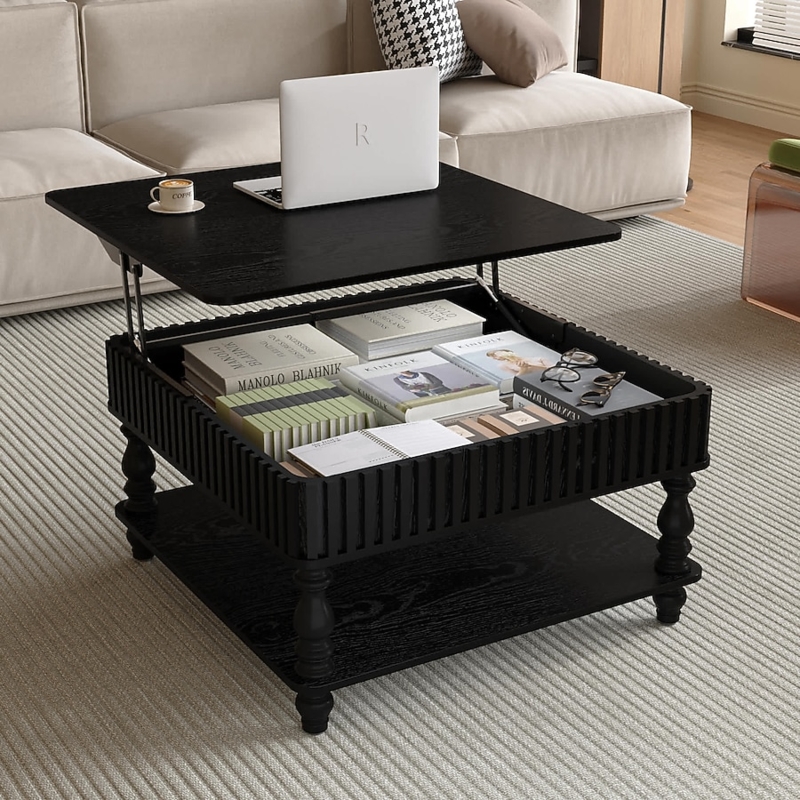 Transitional Black Lift Top Coffee Table, Fluted Sides and Turned Legs