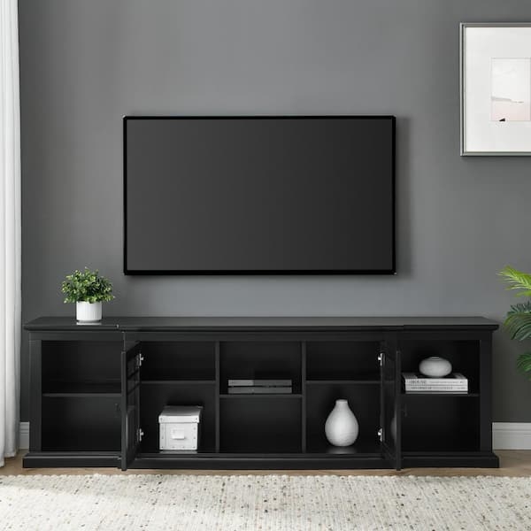 Transitional Black TV Stand with Shaker Glass Doors and Open Shelving