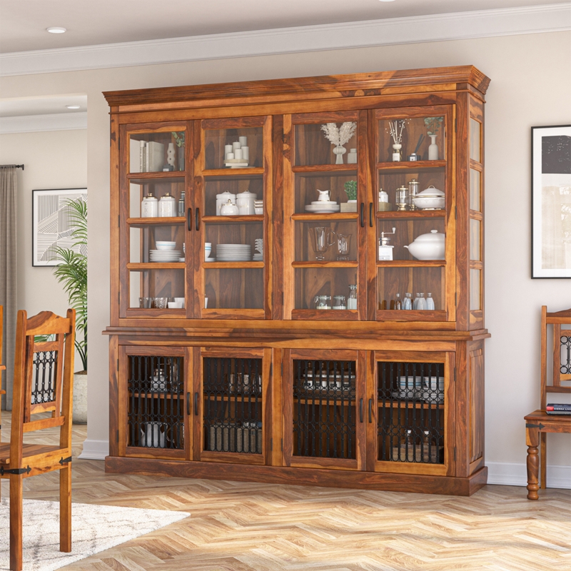 Transitional China Cabinet Iron Grill Doors Warm Brown Wood Hutch