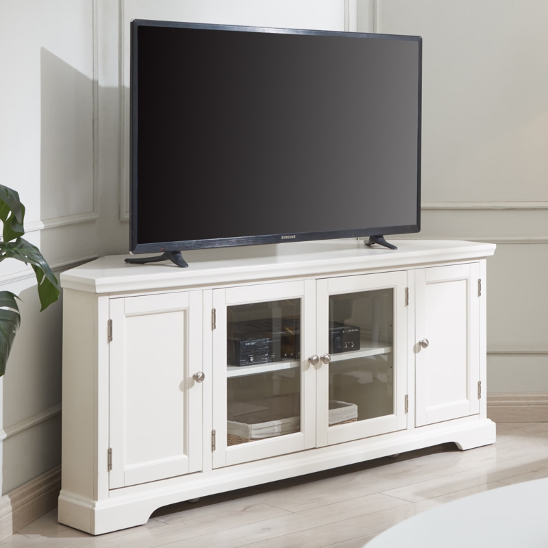 Transitional Corner Media Console Four Door Cabinet Glass Panes