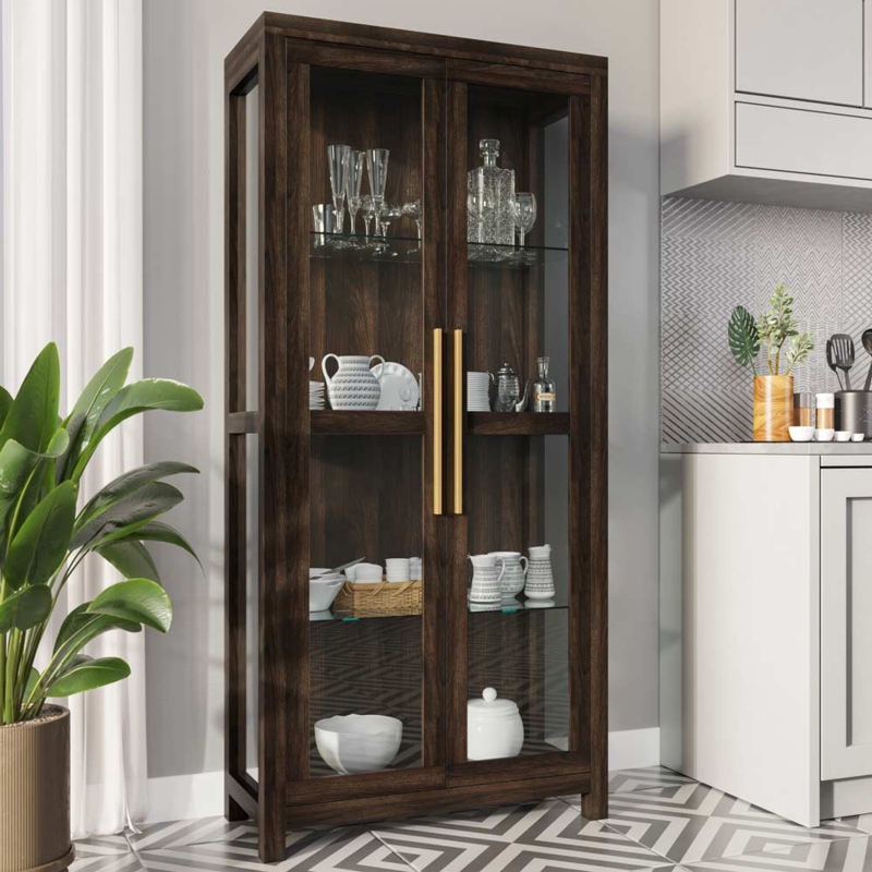Transitional Curio Cabinet with Gold Vertical Pulls & Glass Sides