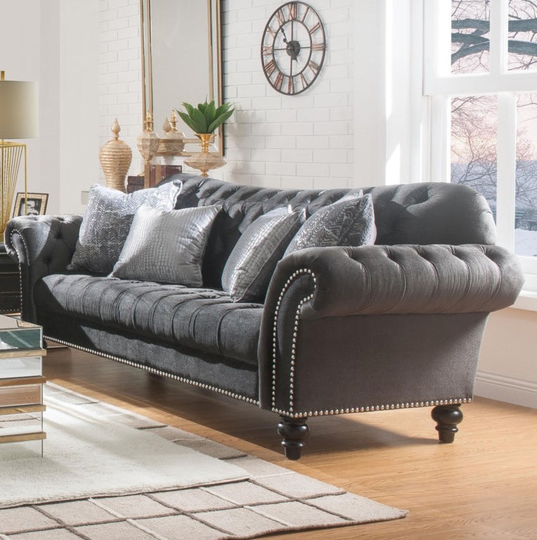 Transitional Dark Gray Velvet Sofa with Silver Nailhead Trim
