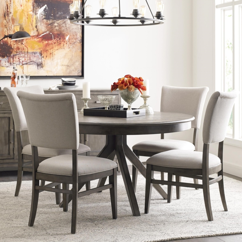 Transitional Dining Set Dark Wood Pedestal Table with Gray Chairs