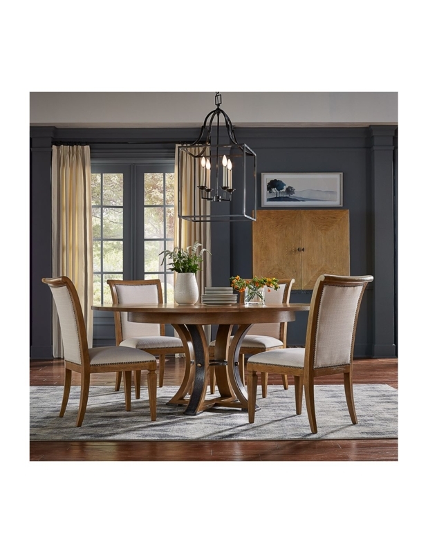 Transitional Dining Table Round Pedestal Base Metal Accents Wood